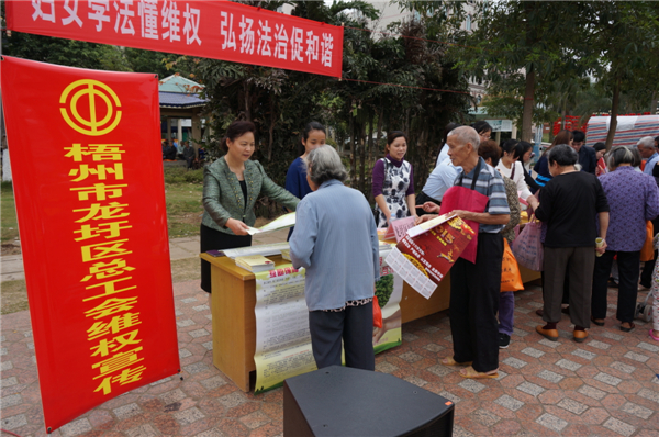 龍圩區(qū)總工會(huì)在2015年3月開(kāi)展迎“三八”婦女維權(quán)月普法活動(dòng)，以“婦女法治懂維權(quán)，頌揚(yáng)法治促和諧”為指導(dǎo)思想，開(kāi)展了以“