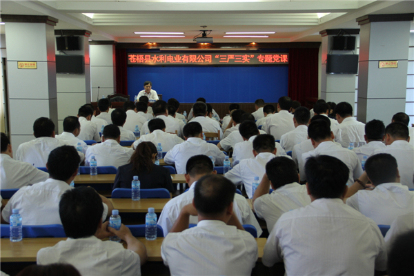 6月5日，蒼梧縣水利電業(yè)有限公司開展 “三嚴(yán)三實(shí)”專題教育黨課暨黨風(fēng)廉政教育培訓(xùn)，黨課邀請(qǐng)蒼梧縣人民檢察副檢察長莫孔文為